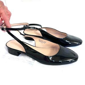 LOFT by Ann Taylor Black Patent Glossy Slingback Ankle Strap Round Toe Flats